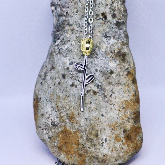 Romantic Two Tone Rose Flower Pendant Sterling Silver 925 , Flower Necklace - Picture 2 of 10